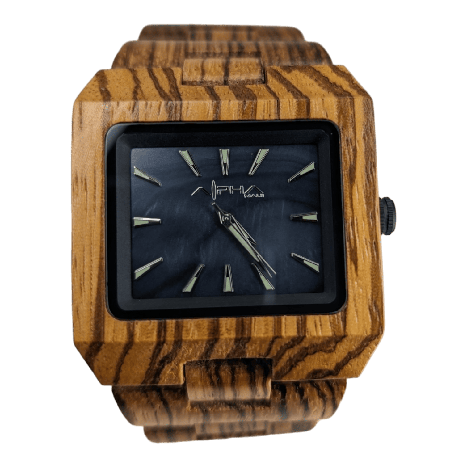 The Atlas is a wooden wristwatch with a square face that features a black dial, simple bar hour markers, and two watch hands. The wood showcases a striped grain pattern and the band matches the wooden case. This minimalist design by Alpha Maui pairs perfectly with beach apparel to create an effortless Aloha vibe.