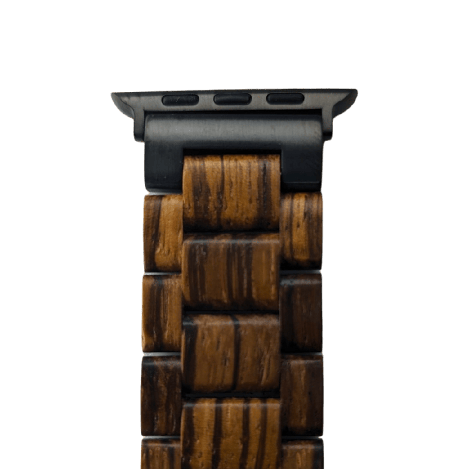 A close-up view of an Alpha Maui Band - Slim (38-41mm) wooden watch strap with a dark metal connector. The strap features rectangular wooden links with visible grain patterns, and the connector has three slots for attaching to a watch. Perfect for pairing with your beach apparel, the background is solid black.