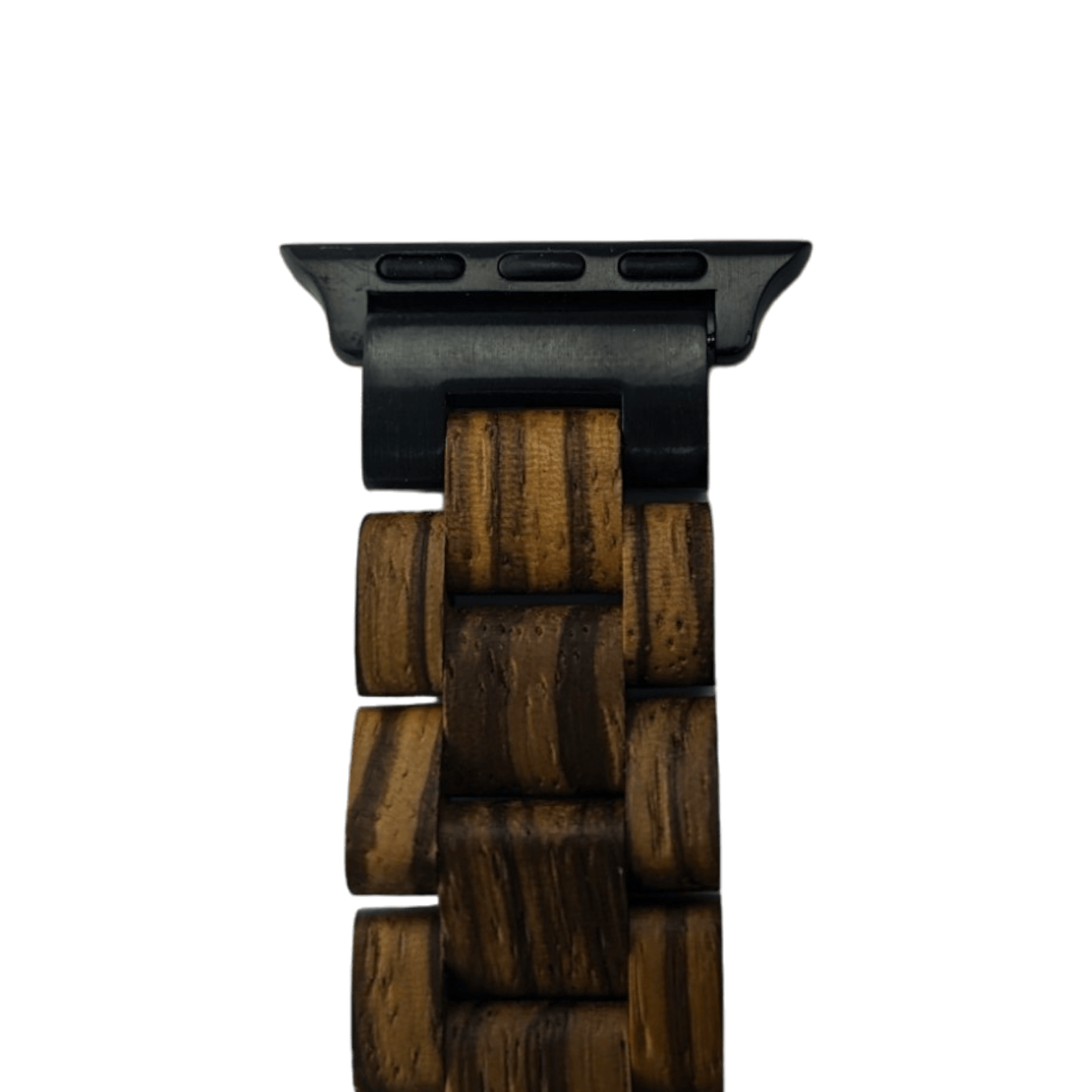 A close-up of the Alpha Maui Band - Slim (38-41mm) shows a wooden watch strap with rectangular links, attached to a black metal connector. The strap features alternating light and dark wood grains, highlighting its intricate craftsmanship. Inspired by the spirit of Ohana, this design celebrates Hawaii's natural beauty. The black connector piece has three visible screw holes.