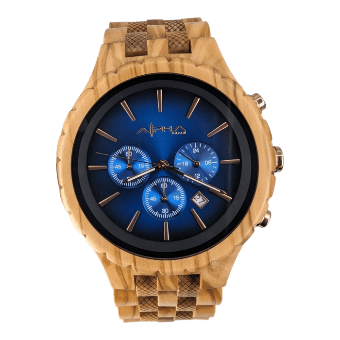 The Island Time wristwatch boasts a wooden band and case complemented by a dark blue face. Inspired by the serenity of Hawaii, this stylish timepiece includes three sub-dials and a small date window. Metallic hour markers and hands provide a striking contrast to the blue background, with the Ohana brand name elegantly displayed at the top.