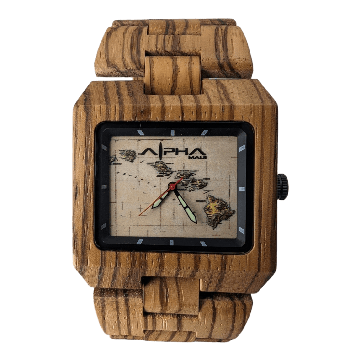 Introducing the Island Time wristwatch, designed with a wooden band and a rectangular wooden case. The watch face boasts an intricate map design of Hawaii, accompanied by the brand name "Alpha Maui" at the top. With white hour and minute hands and a striking red second hand, this timepiece showcases a natural wood grain texture that perfectly embodies the true Aloha spirit.