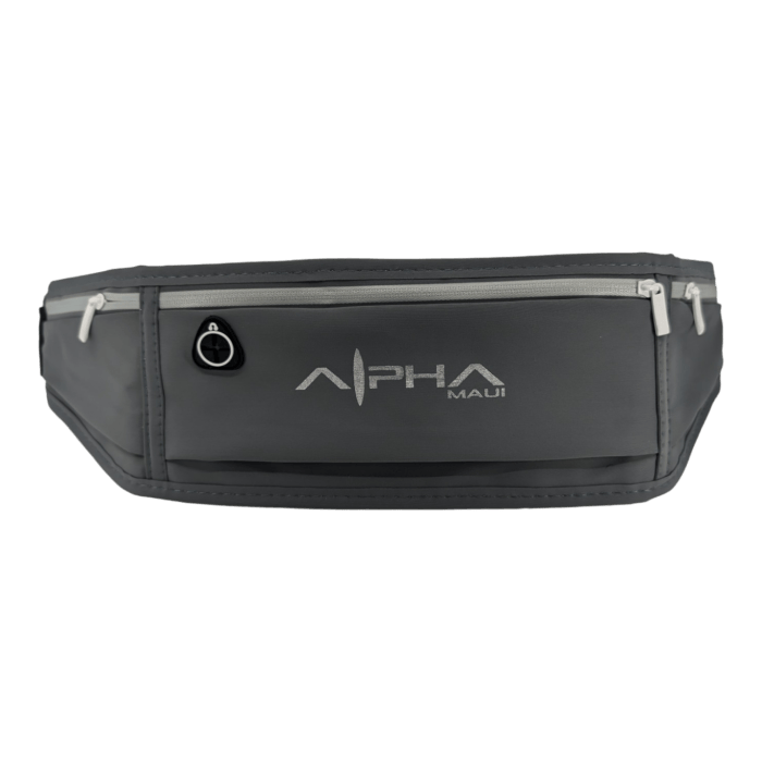 The Alpha Waist Pack is a gray waist pack with multiple zippered compartments, prominently displaying the "Alpha Maui" brand logo on the front. Embrace the spirit of Aloha with this functional pack, complete with a small hole, possibly intended for earphone wires.