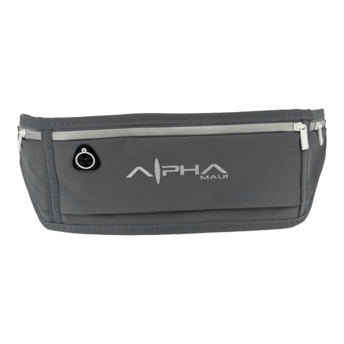 Introducing the Alpha Waist Pack, a sleek and functional gray waist bag with the brand name "Alpha Maui" printed on the front. Perfect for beach apparel, it features multiple zippered compartments and an earphone hole on the left side. This design is ideal for your next Aloha adventure in Hawaii.