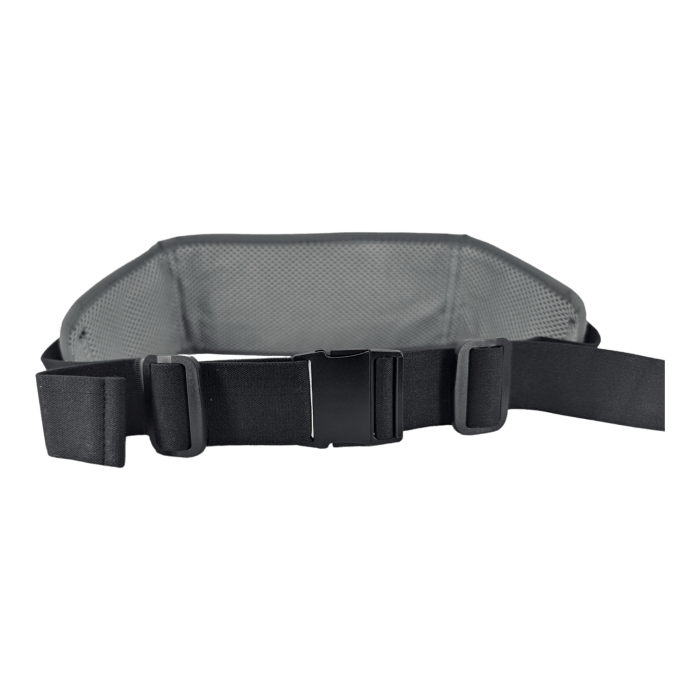 The Alpha Waist Pack, featuring a sleek black exterior with a grey interior and mesh lining, is displayed against a black background. Perfect for beachwear, this waist pack includes an adjustable strap and a sturdy plastic buckle in the center, making it ideal for securing around your waist whether you're hitting the waves or lounging in the sun.