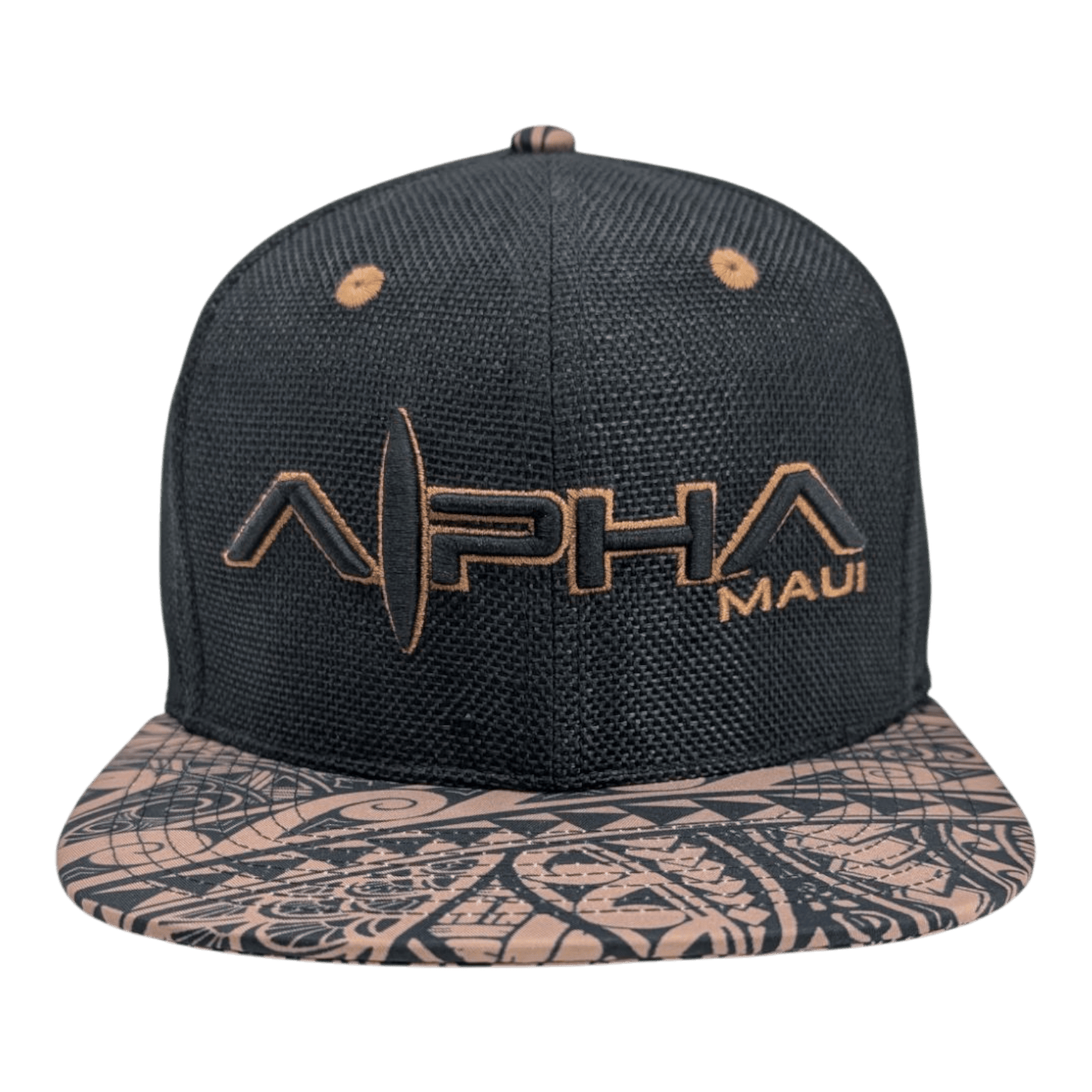 The Tribal Earth snapback features "ALPHA MAUI" embroidered in gold on the black front and a tan brim with detailed geometric and tribal patterns.