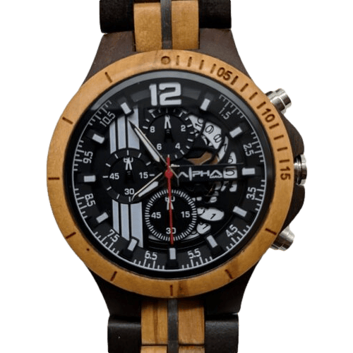 The Pueo Time wristwatch showcases a wooden bezel with engraved minute markers and a black face, featuring large numerals, sub-dials, and intricate mechanical elements. The strap blends wood with dark material stripes, creating an elegant, modern look that evokes Alpha Maui's sophisticated Hawaii vibe.