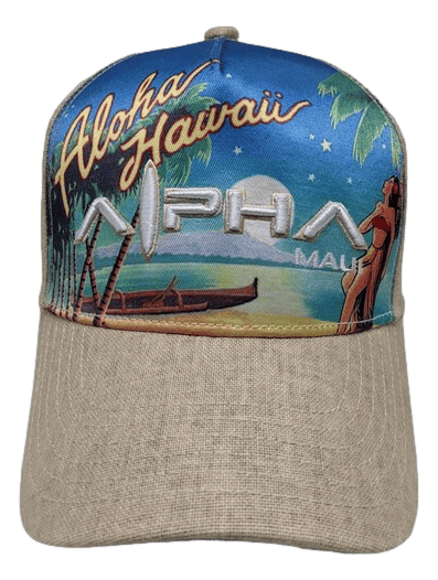 A vibrant piece of beach apparel, the Alpha Maui Hawaiian Nights cap features "Aloha Hawaii" text on the front. The design showcases a Hawaiian beach scene with palm trees, a canoe, and a hula dancer against a blue sky. The beige visor complements the crown, which prominently displays "Aloha.