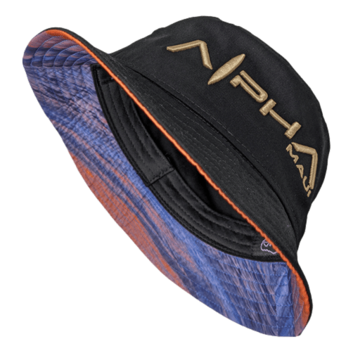 Introducing the Alpha Maui Bucks Black: A chic black bucket hat adorned with "MPH" embroidered in gold on the side. The interior features a vibrant, abstract design in shades of blue, purple, and orange—evoking the stunning landscapes of Hawaii. This hat effortlessly combines a casual look with stylish flair.