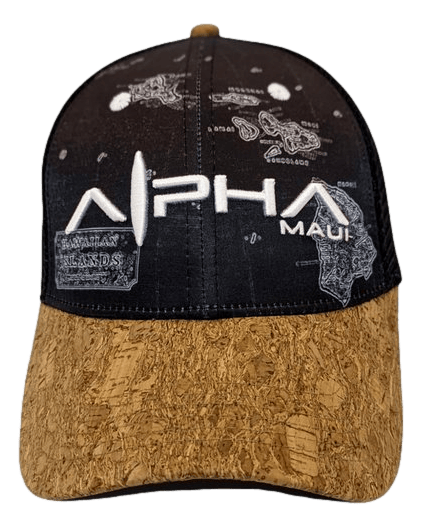 The Alpha Maui X-Ray Islander is a black baseball cap with a cork bill, featuring an "Alpha Maui" logo embroidered in white. The cap also displays a map of the Hawaiian Islands in light outlines on the front panel, perfectly capturing the Aloha spirit.