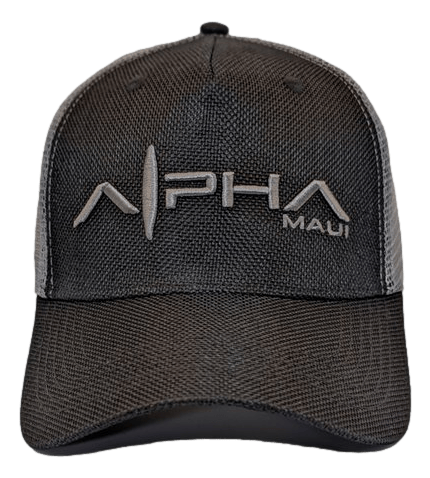 The Alpha Maui Alpha Clad is a stylish black and gray mesh baseball cap featuring the word "Alpha" boldly stitched across the front, with "Maui" delicately added beside it for a touch of Aloha. The cap boasts a structured crown and a curved brim, making it perfect for your beach apparel collection.