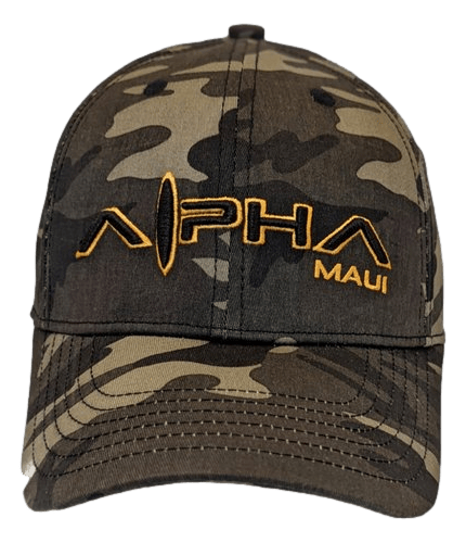 Introducing the "Alpha Maui The Commander" baseball cap, featuring a camouflage pattern and orange embroidery of "Alpha Maui" and "Ohana" on the front. The design prominently displays the word "Alpha," adorned with a distinctive horizontal line running through its letters.