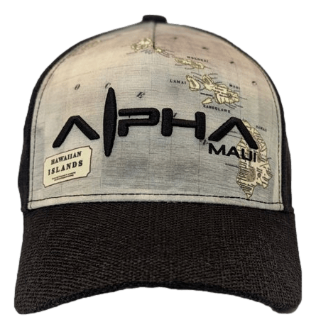 Introducing the Alpha Maui The Islander, a black and beige trucker hat featuring "Alpha Maui" printed on the front. The hat showcases a vintage map of the Hawaiian Islands with a small "Hawaiian Islands" label on the left side. Perfect for showing your Aloha spirit, it embodies the Ohana vibe of togetherness.