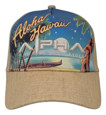 This beige baseball cap, perfect for a beach day, features a vibrant front design depicting palm trees, a canoe on the water, and a woman in a hula skirt. The text reads "Aloha Hawaii" and "Alpha Maui Hawaiian Nights.