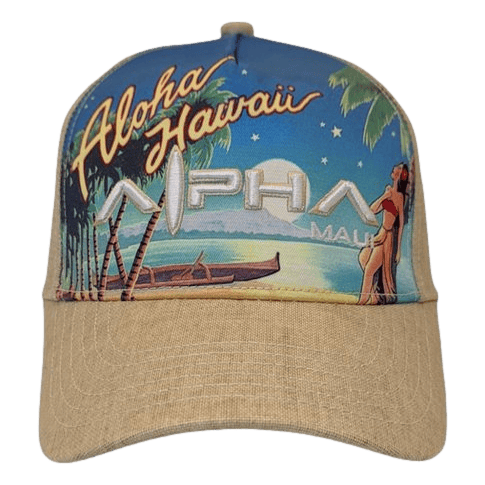 Introducing the Alpha Maui Hawaiian Nights cap, a beige and blue baseball cap with a captivating Hawaiian theme. The front panel beautifully displays "Aloha Hawaii" and "Alpha Maui" text alongside a scenic illustration featuring a beach, palm trees, a canoe, and two people in traditional Hawaiian attire. It's the perfect accessory for beach apparel enthusiasts.