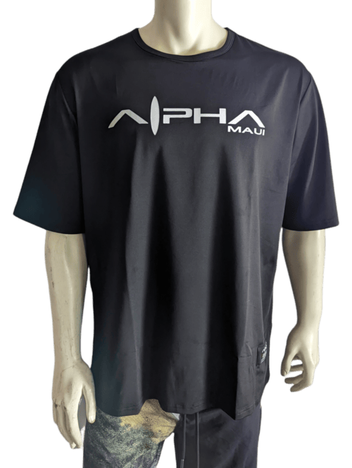 A mannequin dressed in a black Alpha Fit t-shirt with the text "Alpha Maui" printed in bold, white letters across the chest. The mannequin's left arm is slightly forward, and the background is transparent. The shirt has a relaxed fit, perfect for bringing that laid-back Hawaii Ohana vibe to your wardrobe.