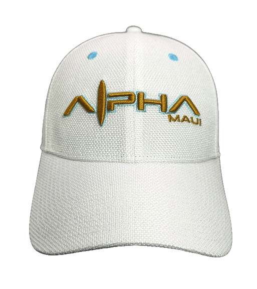 The Alpha Maui Ghost Cream II is a white baseball cap that features the words "Alpha Maui" embroidered in yellow and turquoise on the front, along with an integrated surfboard graphic. This perfect beach apparel embodies the spirit of Ohana.