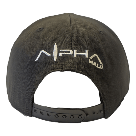 The back view of The Haleakala - Keiki Cap (Kid cap) shows off an embroidered "Alpha Maui" design in white letters, making it the perfect beach accessory for kids to display their love for Ohana and island style.