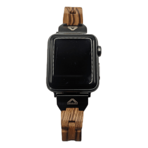 The Alpha Maui Band - Zebrawood 42mm (42-49mm) features a smartwatch with a rectangular black screen and a band made of interwoven light and dark wooden links, giving it a natural, rustic appearance. The watch case is black with a minimalist design, perfect for pairing with your favorite beach apparel from Alpha Maui.