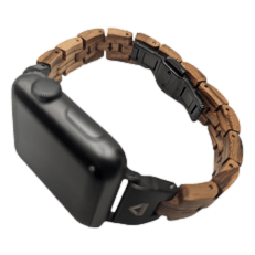 The Alpha Maui Band - Zebrawood 42mm (42-49mm) is a smartwatch featuring a sleek black screen and casing, paired with a stylish, natural wood band. The band includes a clasp and combines dark and light wooden links, adding a unique touch reminiscent of Hawaii's beach apparel, making it both modern and fashionably Aloha.