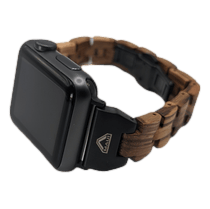 The Alpha Maui Band - Zebrawood 42mm (42-49mm) smartwatch boasts a sleek black rectangular face and a distinctive strap made from alternating light and dark wooden links. The strap is secured with a black metal clasp adorned with a small triangular logo. This design elegantly merges modern and rustic aesthetics, making it an ideal accessory for your Alpha Maui beach apparel.