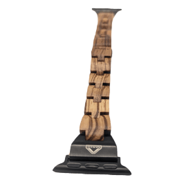 Introducing the Alpha Maui Band - Zebrawood 42mm (42-49mm), a wooden and black metal replacement watch band featuring interlocking zebrawood segments. The lower section boasts a clasp adorned with a triangular logo, while the upper section includes a connector for easy attachment to your watch face. Embrace the Aloha spirit with this elegantly designed accessory.