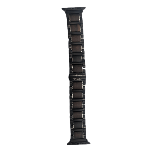 The Alpha Maui Band - Caliber 42mm (42-49mm) is a black metal watch strap with a series of interlinked rectangular segments and a clasp in the center featuring the brand name "Aino," perfect for complementing your beach apparel.
