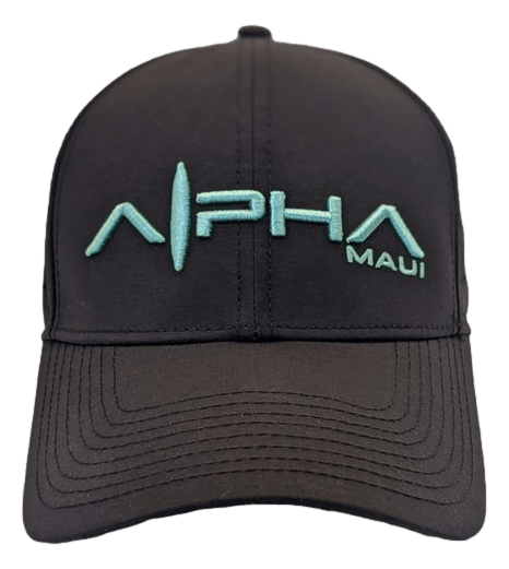 The Alpha Maui Aquatica is a black baseball cap featuring the phrase "Alpha Maui" embroidered in light blue-green letters on the front, with a stylized "A" resembling a rocket. Ideal for beachwear, it subtly incorporates the word "Ohana" stitched to highlight its island heritage.