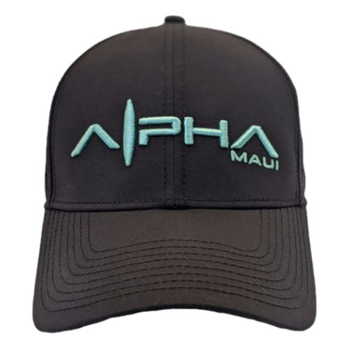 The Alpha Maui Silver Surfer baseball cap boasts "Alpha Maui" in prominent aqua embroidery and "Maui" in smaller aqua stitching on the front. A stylized wave elegantly separates the letters "A" and "L". The black cap features detailed stitching on the brim and front panel, perfectly capturing the essence of Aloha.