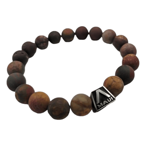 Introducing the Alpha Maui Band - Zebrawood 42mm (42-49mm), a beaded bracelet featuring round beads in various shades of brown and red, ideal for beach attire. The bracelet is adorned with a silver, square-shaped charm inscribed with "Maui," capturing the essence of Hawaii.