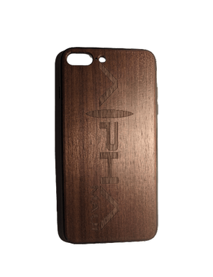 A wooden "Alpha Case iPhone 7/8" is displayed, featuring the brand name "Alpha Maui" elegantly engraved into its surface. This case boasts a smooth, polished finish and is crafted for smartphones with dual rear camera cutouts in the top left corner. Inspired by Hawaii's beach apparel, it offers a perfect blend of style and nature.