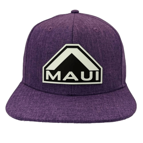 The Amethyst is a purple baseball cap with a flat brim, making it an ideal choice for beach apparel. Its front showcases a black and white geometric logo with an inverted V shape and "Alpha Maui" boldly inscribed below it, seamlessly blending style and comfort.