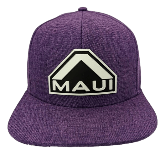 The Amethyst snapback cap features a vibrant purple color and showcases a bold black and white logo on the front, highlighting a stylized letter 'A' with "Alpha Maui" beneath it. Designed with a flat brim and textured fabric appearance, this hat beautifully embodies the spirit of Ohana in Hawaii.