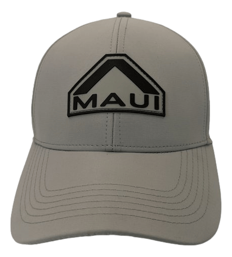 A gray baseball cap with black stitched lines and a "Maui" logo in black text on the front, complemented by a black five-sided geometric shape resembling a house roof above the text, making it perfect beach apparel from Alpha Maui's Aquatica collection.