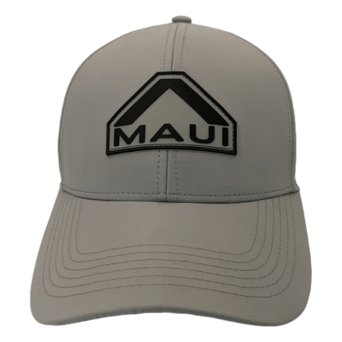 The Alpha Maui Silver Surfer baseball cap is light gray with a black and white embroidered patch on the front, displaying the text "Alpha Maui" beneath a stylized mountain-shaped graphic. Perfect for your beach apparel, the cap features white stitching and a curved brim.