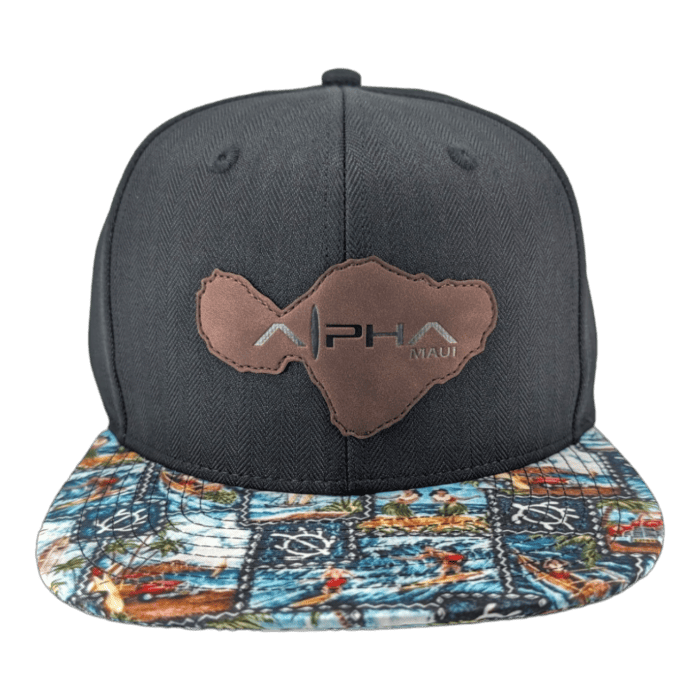 A black baseball cap with a map patch of the Hawaiian island of Maui and the word "Maui" prominently displayed on the front. The brim features a colorful, detailed design with various tropical and cultural imagery. Perfect beach apparel, this Alpha Maui hat has a solid black background.