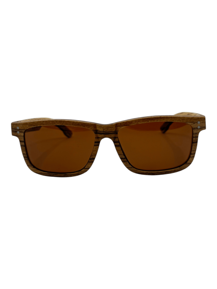 A pair of Cruisers 2.0 sunglasses with a wooden frame and brown lenses, featuring a rectangular shape and visible wood grain texture, is set against a black background.