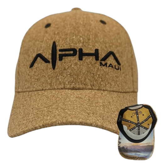 Tan cork baseball cap, named "Cool Vibes," featuring "Alpha Maui" in black letters on the front. The inset image displays the underside of the brim adorned with a distinctive, artistic Hawaii design.