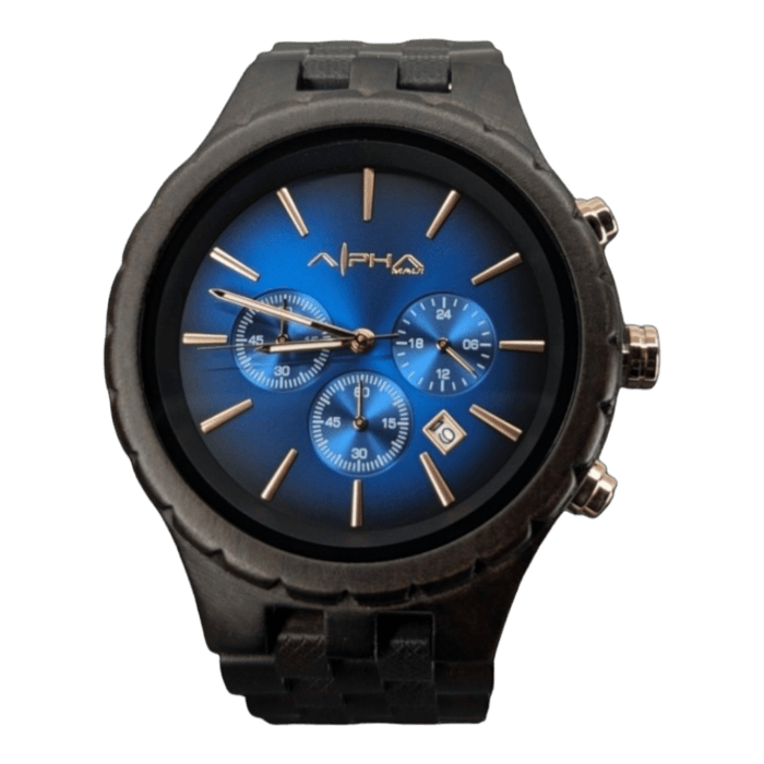 Introducing The Shield, a sleek wristwatch with a dark metal band and case showcasing a beautiful blue gradient analog dial, reminiscent of the tranquil Hawaii skies. This watch features three subdials and a date display. The brand name "Alpha" is elegantly positioned near the top center of the dial. Gold-toned hour markers and hands blend the Aloha spirit with timeless elegance.