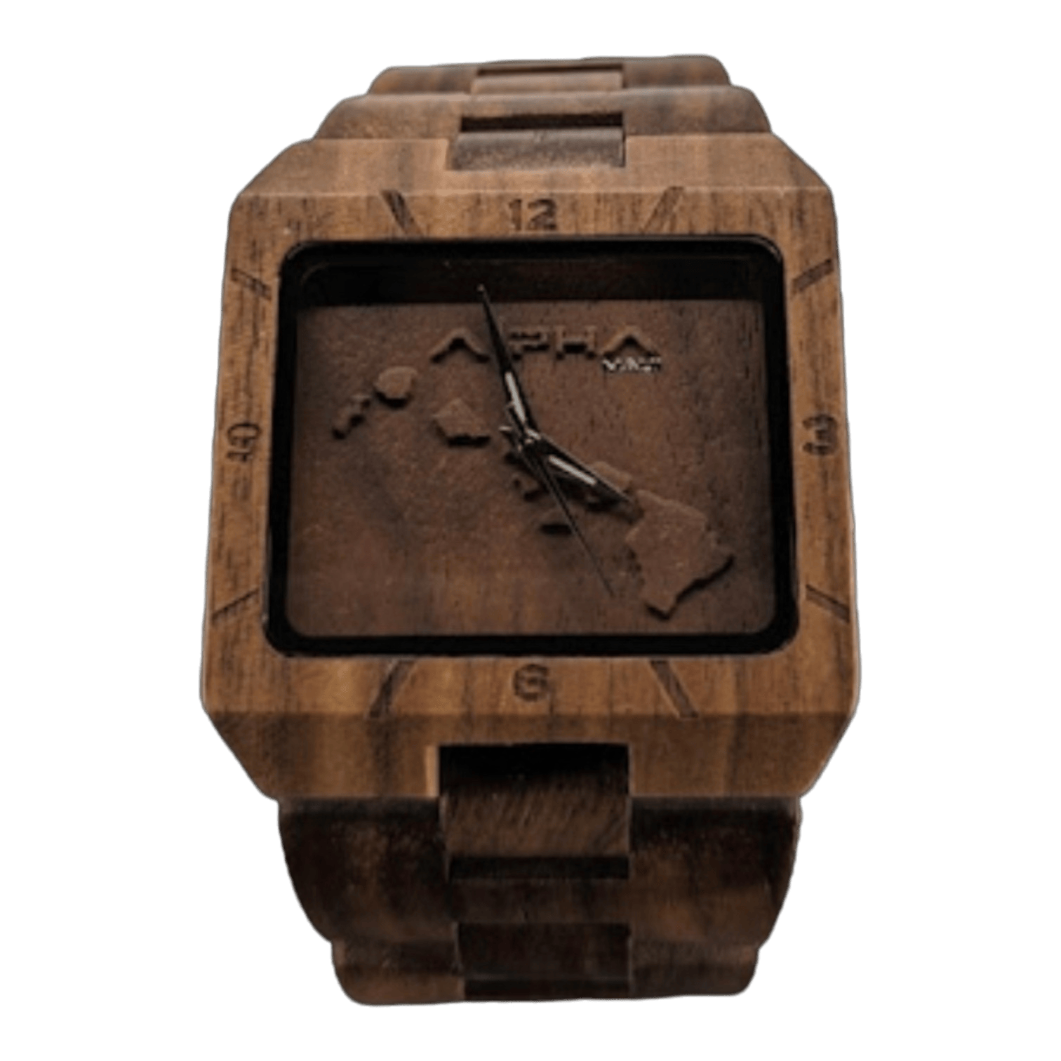 Introducing The Shield: a square wooden wristwatch with a dark brown finish. It features a unique carved design of the Hawaiian Islands on its face, making it perfect for complementing your beach apparel. The watch has markings for the 12, 3, 6, and 9 o'clock positions against an entirely black background. Aloha!