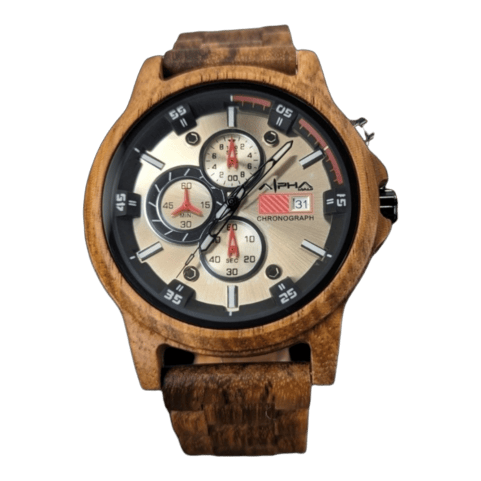 The Shield is a wooden wristwatch with a circular gold-toned dial and black accents, featuring three subdials and a date window at the 3 o'clock position. The watch has a brown wooden band and prominently displays the brand name 'Alpha' along with the word 'Chronograph.' This timepiece is perfect for complementing your Hawaii beach apparel.