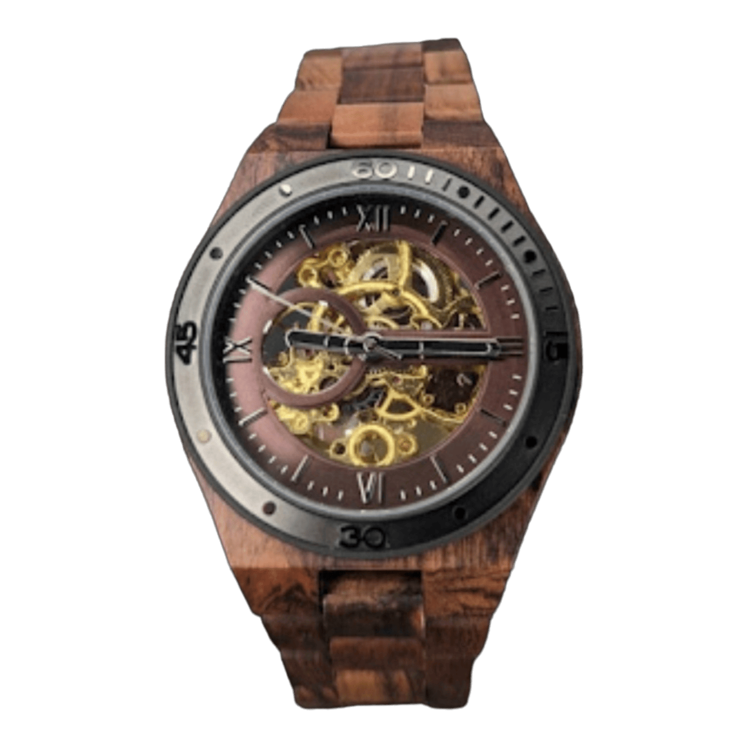 Introducing The Shield, a wooden wristwatch featuring a dark metallic bezel and visible internal mechanics, perfect for pairing with beach apparel. The watch face displays Roman numerals at 12, 3, 6, and 9 o'clock positions with standard markings for the other hours. Its intricate gold gears inside provide a striking contrast, making it an ideal accessory for your next visit to Hawaii.