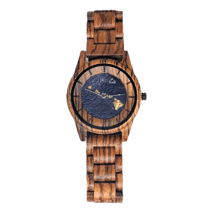 A wooden wristwatch with a zebrawood finish, perfect for complementing your beach apparel. The watch face has a dark, textured dial with yellow accents on the hands and indices. The seamless design features wooden links and a watch case that showcase consistent wood grain patterns. Aloha!