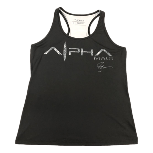 The Adi Tank Top is a black sleeveless tank top featuring the text "Alpha Maui" in large, stylized letters across the chest, accompanied by "Aloha" in smaller letters to the right. An autograph or initials are also visible below "Aloha." The tags inside the collar indicate the size as "L." Perfect beach apparel.