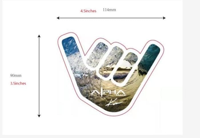 Introducing the Wave Out Sticker: a vibrant accessory in the shape of a shaka hand sign, measuring 4.5 inches (114mm) wide and 3.5 inches (90mm) tall. Perfect for beach apparel, this sticker features Alpha Maui branding with a stunning wave and beach backdrop, capturing the essence of Ohana.