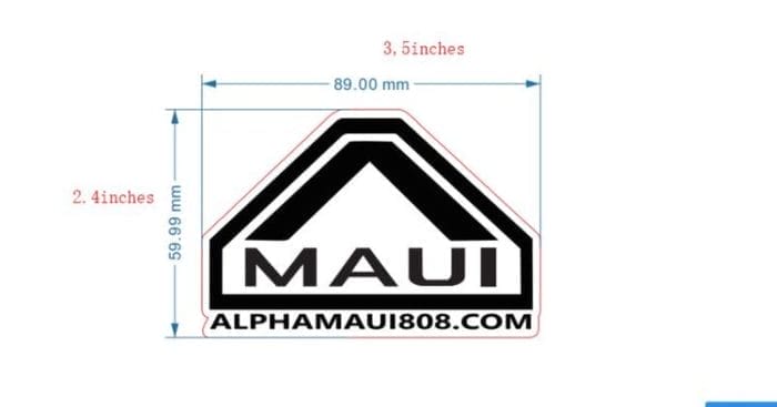 The Alpha "A" Sticker features a house-shaped logo with a black triangular roof and the word "Maui" written below, capturing the essence of Ohana. At the bottom, it reads "alphamaui.com." The sticker measures 3.5 inches wide by 2.4 inches tall (89 mm by 59.99 mm).