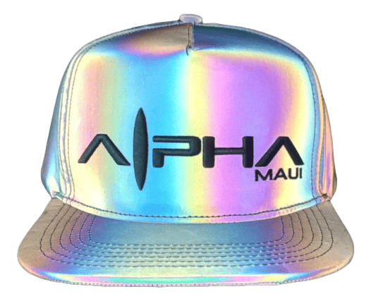 A shiny, holographic baseball cap known as "The Reflector" features the text "Alpha Maui" printed on the front in black. Ideal for beachwear, this cap reflects rainbow colors, giving it an iridescent appearance that captures the essence of Hawaii and Ohana.