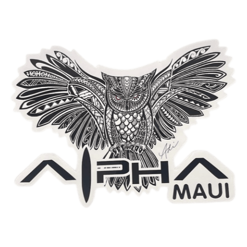 A detailed black and white illustration of an intricately designed owl with wings spread wide. Below the owl, the text reads "Alpha Pueo" in bold letters, capturing a tribal, artistic style that embodies the spirit of Aloha and Ohana.