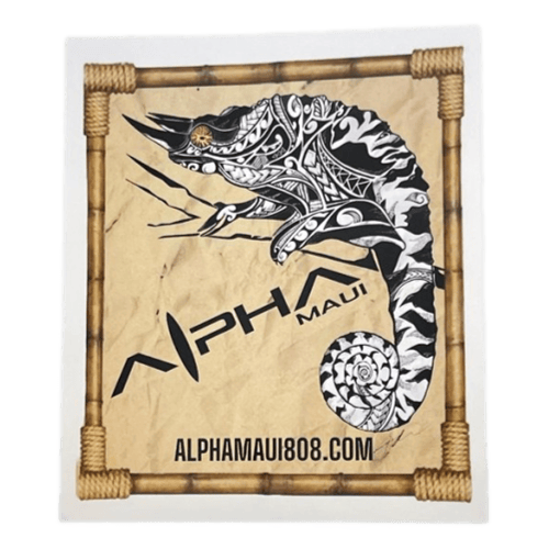 A detailed black and white chameleon design with tribal patterns adorns the top center of a beige background. Beneath it, the stylized text "Alpha Maui" and the website "alphamaui.com" radiate Aloha vibes. The image is beautifully framed by bamboo poles at each corner, capturing the spirit of Hawaii, while promoting the product named "Let The Universe...Do It's Thing.