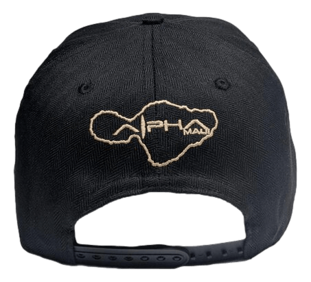 The Baldwin Beach Bro, a black baseball cap viewed from the back, features beige embroidery outlining the island of Maui with the text "Alpha Maui" seamlessly integrated. This piece of Aloha beach apparel includes an adjustable snapback closure, perfect for bringing a touch of Ohana spirit to your adventures.