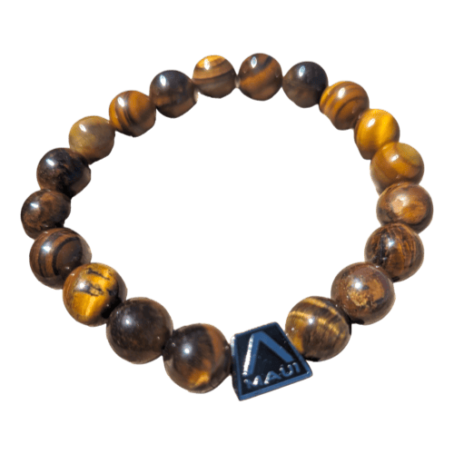 The Alpha Maui LangLinglet is a stretchable bracelet crafted from polished, round tiger eye beads that display an array of brown and golden hues. Adorning one of the beads, a black square tag features a white triangle along with the word “Maui,” making it an ideal accessory for your beachwear while adding a touch of Aloha spirit.
